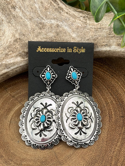 Hydrangea Fashion Petite Post Oval Concho Drop Earrings - Turquoise