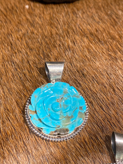Kangen Carved Rose Turquoise Sterling Pendant