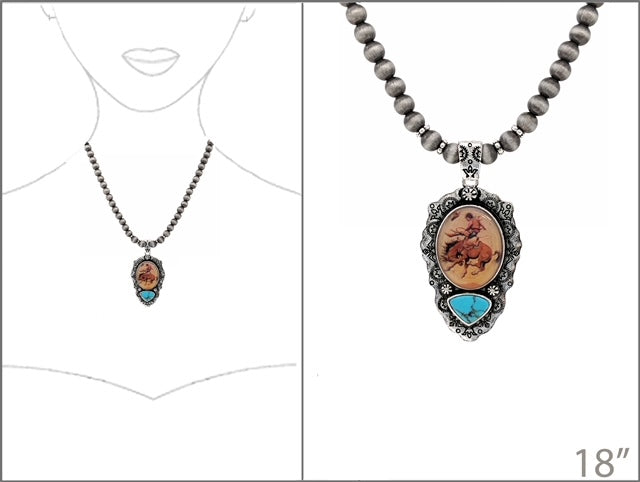 Monroe Fashion Navajo Necklace With Bronc Portrait Pendant - 18"