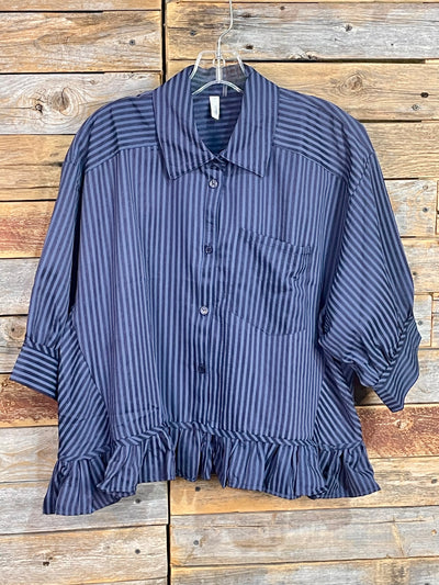 Katyana Navy Ruffle Edge Striped Button Down Top