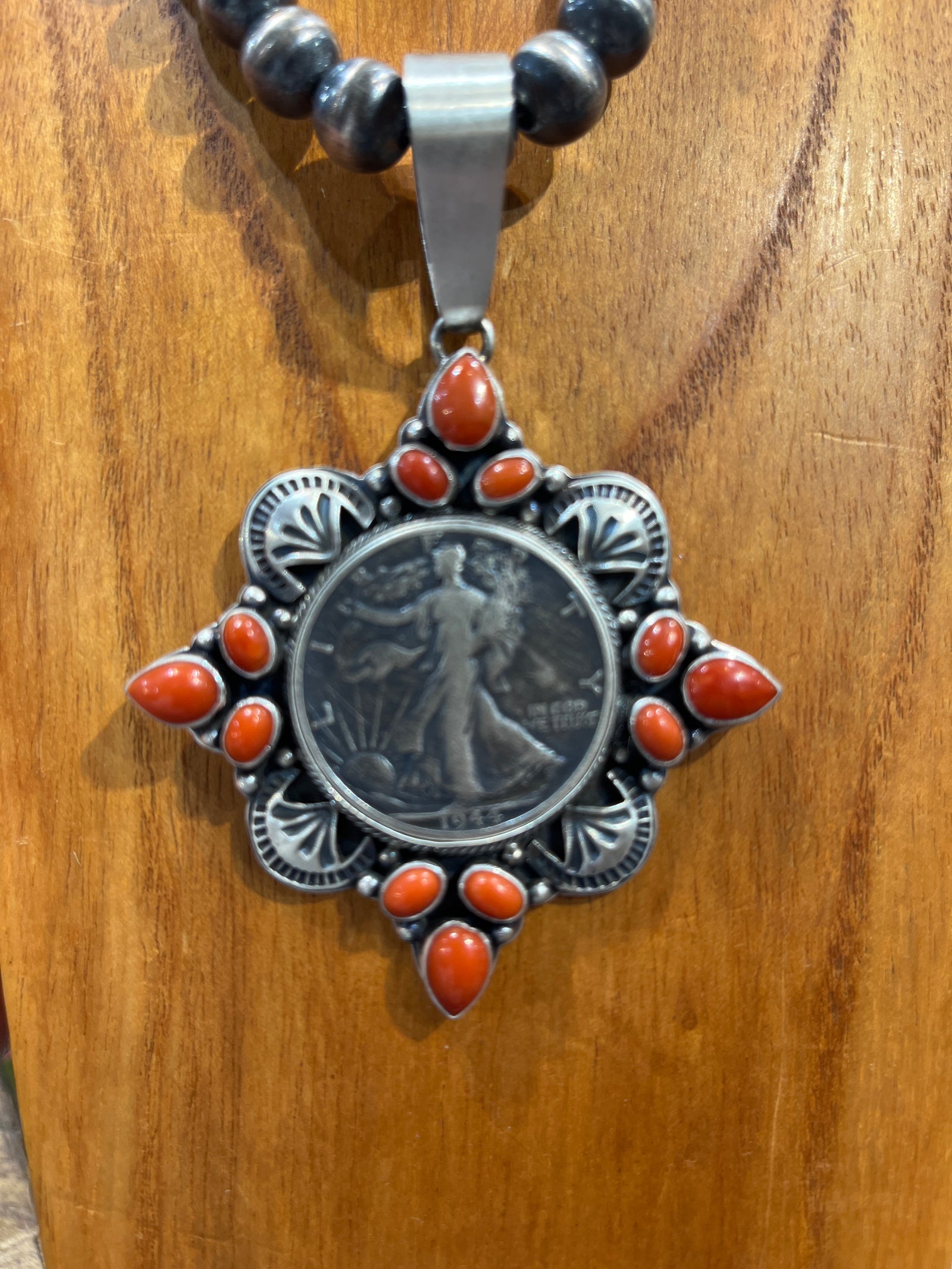Powerful Sterling Diamond Shaped Liberty Coin Pendant - Red Spiny
