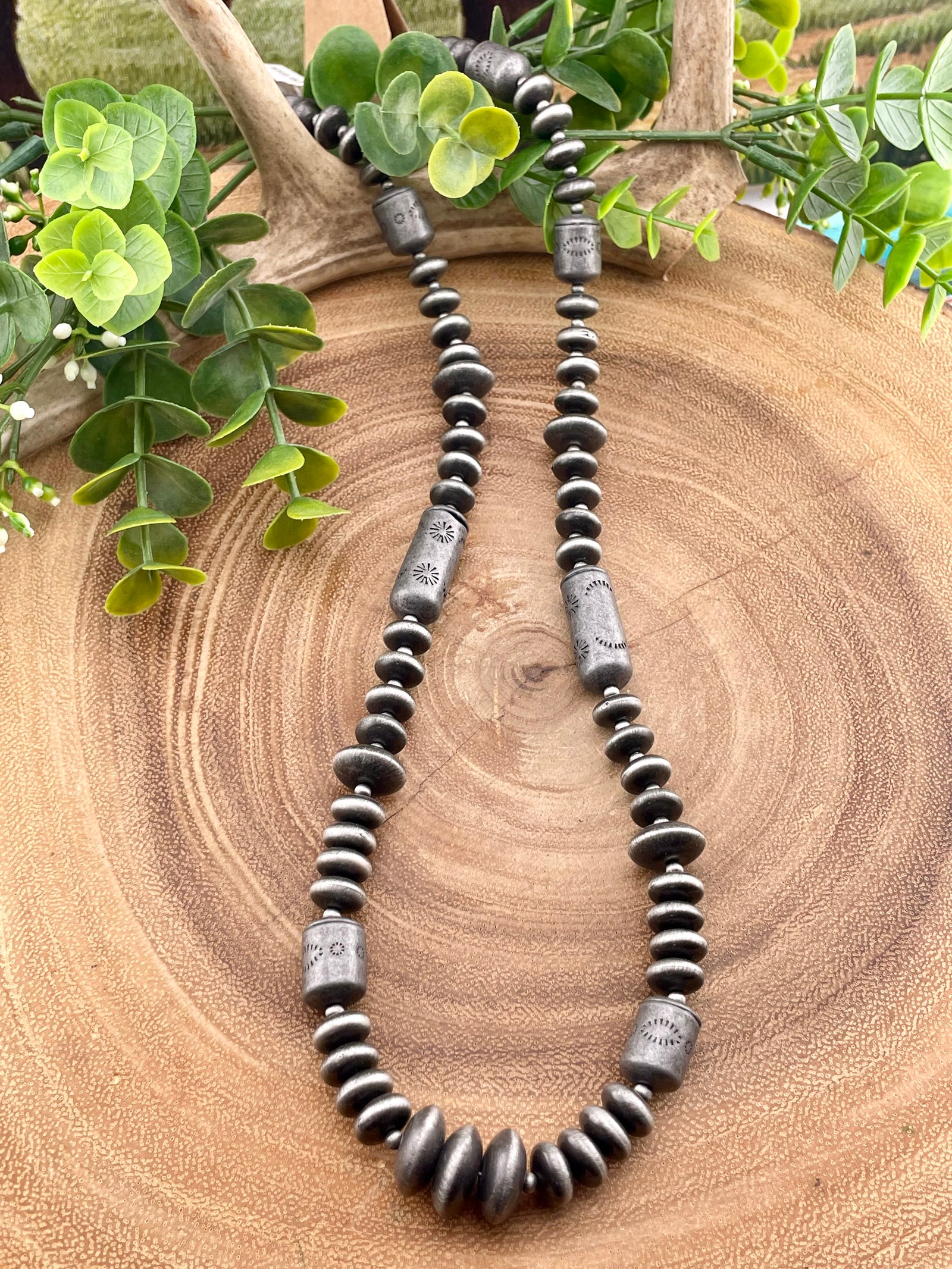 Highland Oxidized Barrel Bead Necklace - 26"