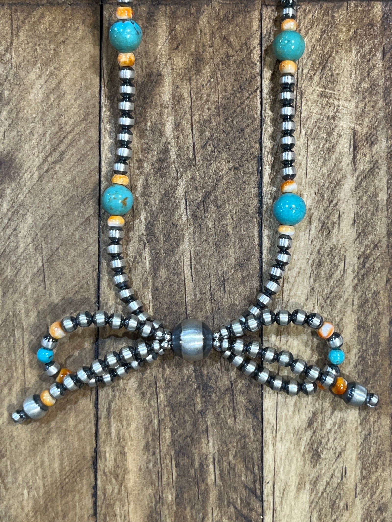 Carter Sterling Navajo, Turquoise & Orange Spiny Bowtie Necklace - 14"