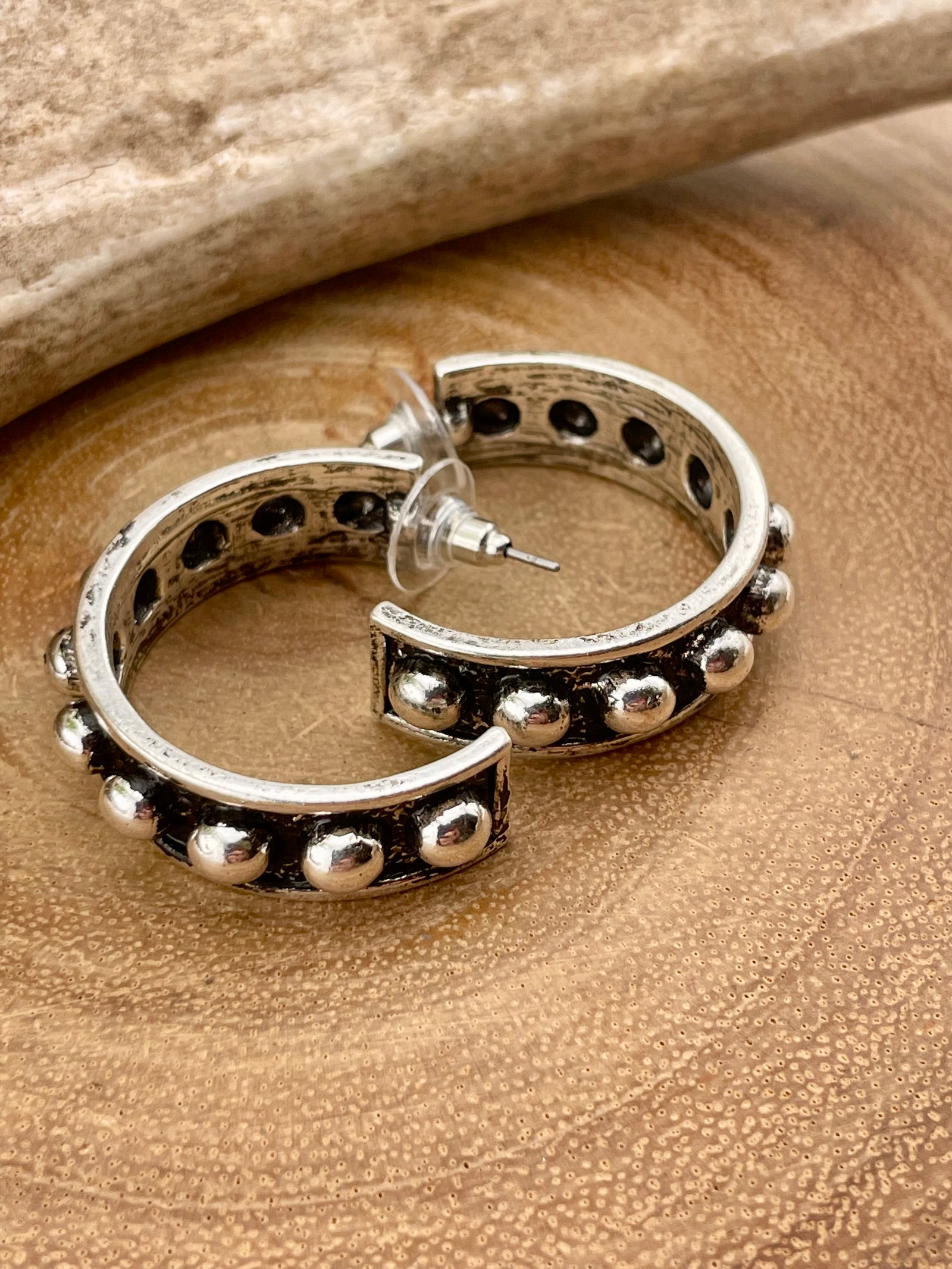 Rosa Fashion Silver Studded Hoop Earrings - 1.25"