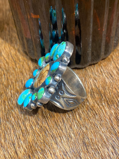 Chaldean Sonoran Gold Turquoise Cluster Sterling Ring - Adjustable