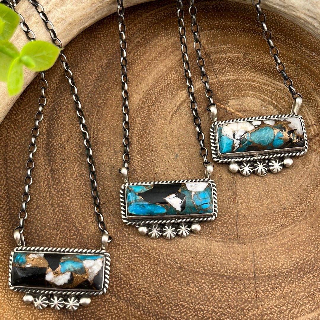 Armada Roped Sterling Turquoise Kingman Krush Bar Necklace With Lower Bursts - 16"