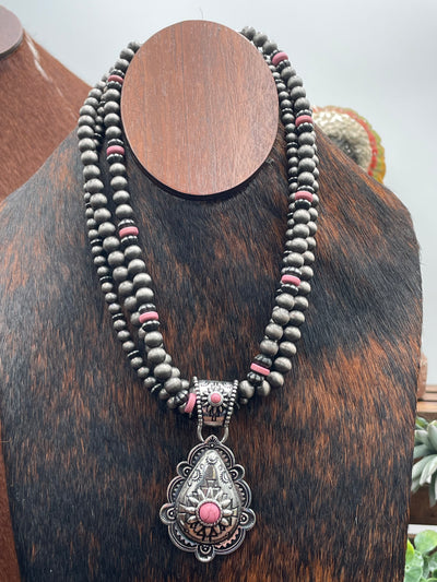 Libby Triple Strand Necklace With Scalloped Teardrop Pendant - 18"