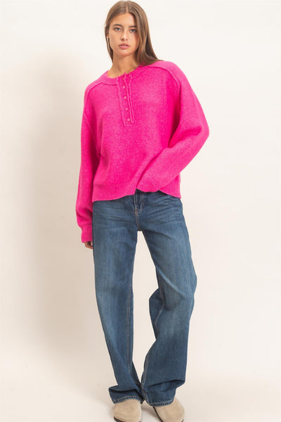 Britt Henley Top With Reverse Seams - Fuchsia