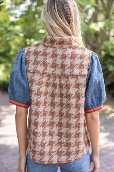 Stripe Denim Sleeve Houndstooth Tweed Top