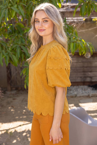 37225 Scalloped Hemline Bubble Sleeve Solid Corduroy Top
