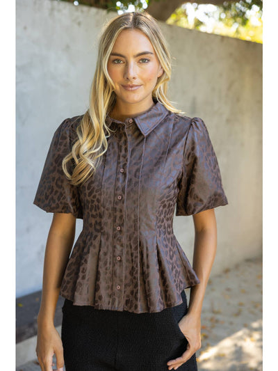 Pleated Collar Button Down Faux Leather Top - Brown