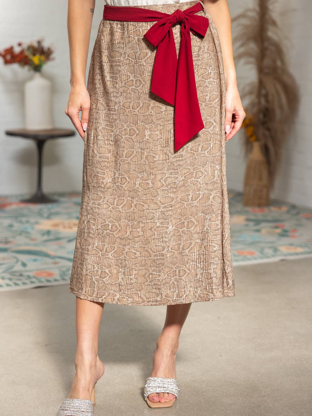 Red Contrast Tie Belt Animal Print Midi Skirt