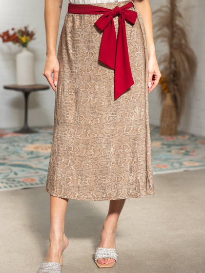 Red Contrast Tie Belt Animal Print Midi Skirt