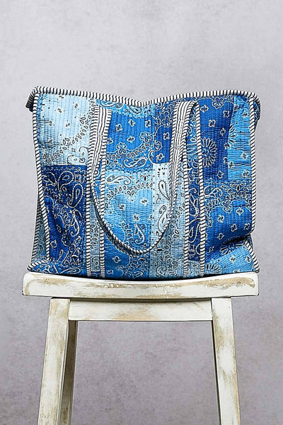 Quilted Striped Binding Roomy Fit Blue Tote Bag