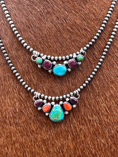 McKee Sterling Navajo Pearl Necklace With Sliding Multi Stone Pendant - 16"