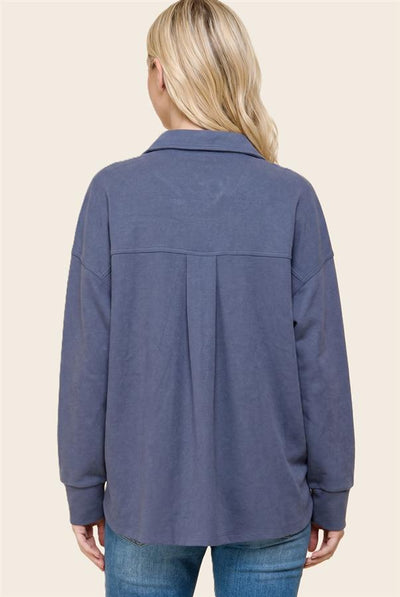Margaret Micro Suede Button Down Top With Chest Pockets