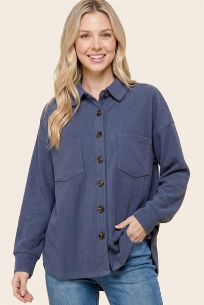 Margaret Micro Suede Button Down Top With Chest Pockets