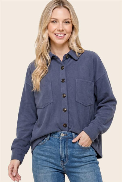 Margaret Micro Suede Button Down Top With Chest Pockets