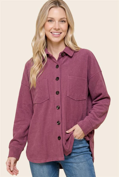 Margaret Micro Suede Button Down Top With Chest Pockets