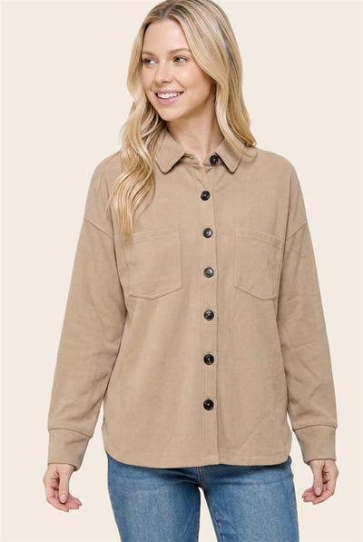 Margaret Micro Suede Button Down Top With Chest Pockets