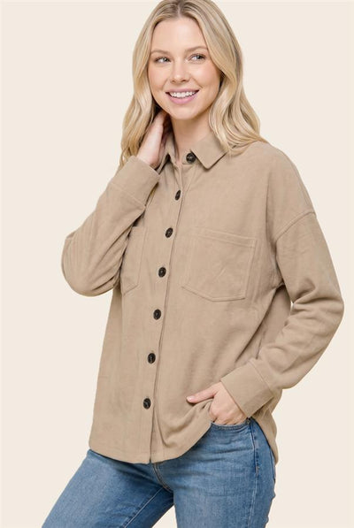 Margaret Micro Suede Button Down Top With Chest Pockets
