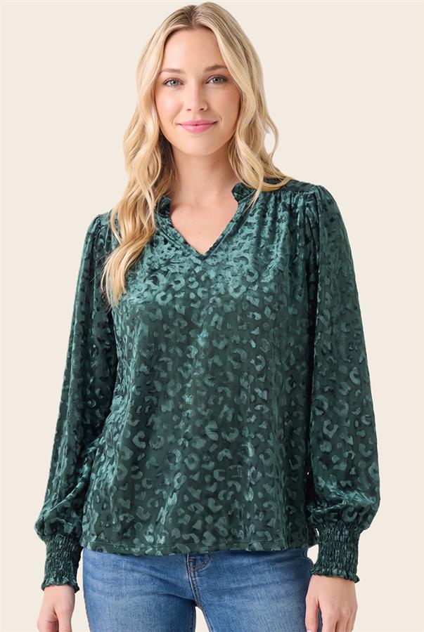 Margo Ruffle Collar V Neck Brushed Velvet Leopard Top - Hunter Green