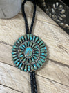 De Soto Leather Bolo Tie With Sterling Turquoise Zuni Cluster Slide - 22"