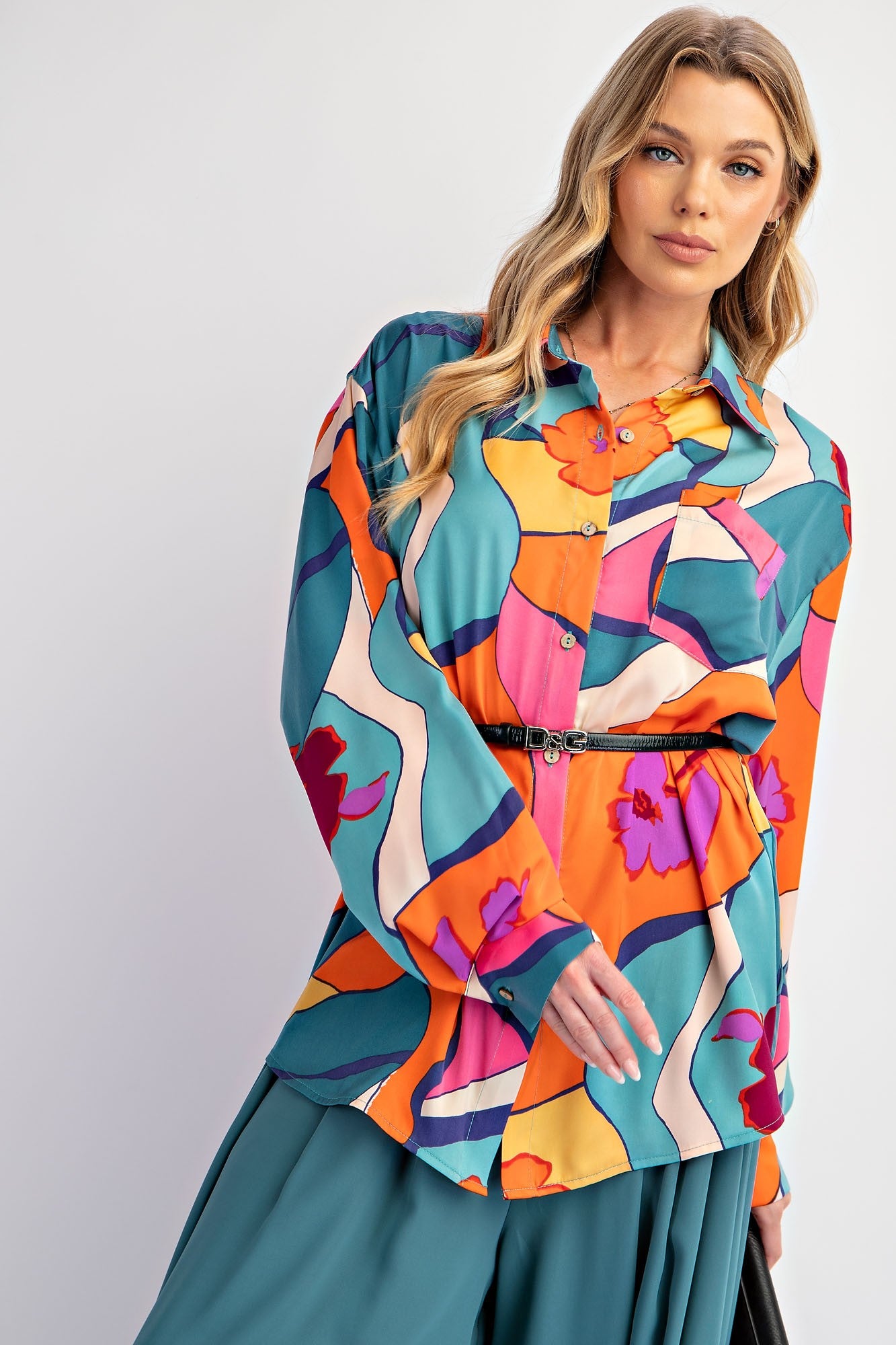 Teal Printed Mirabelle Satin Shirt