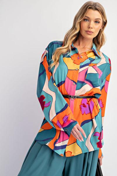 Teal Printed Mirabelle Satin Shirt