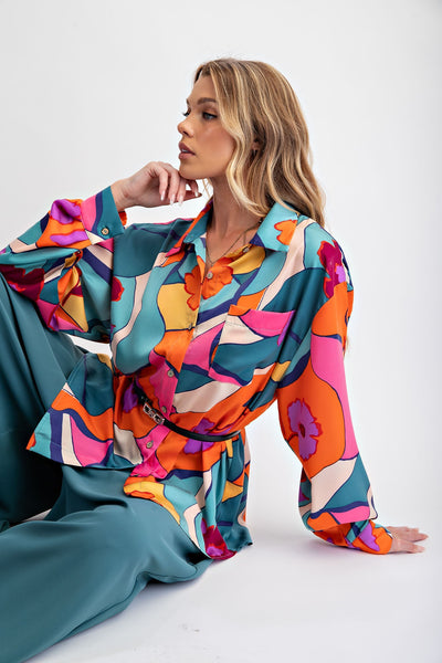 Teal Printed Mirabelle Satin Shirt