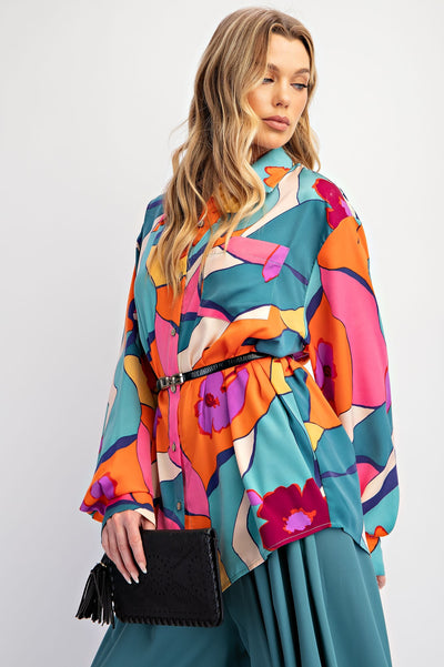 Teal Printed Mirabelle Satin Shirt