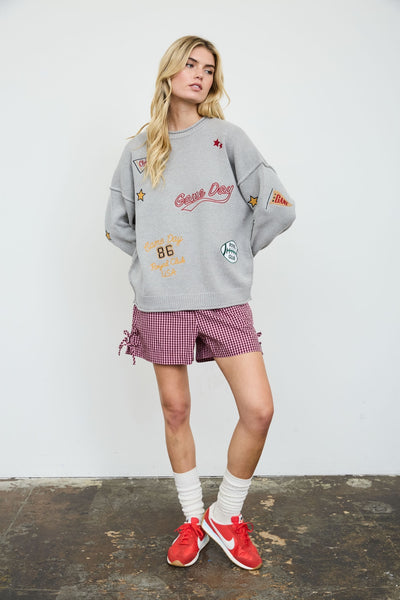 Game Day Embroidered Crew Neck Knit Sweater