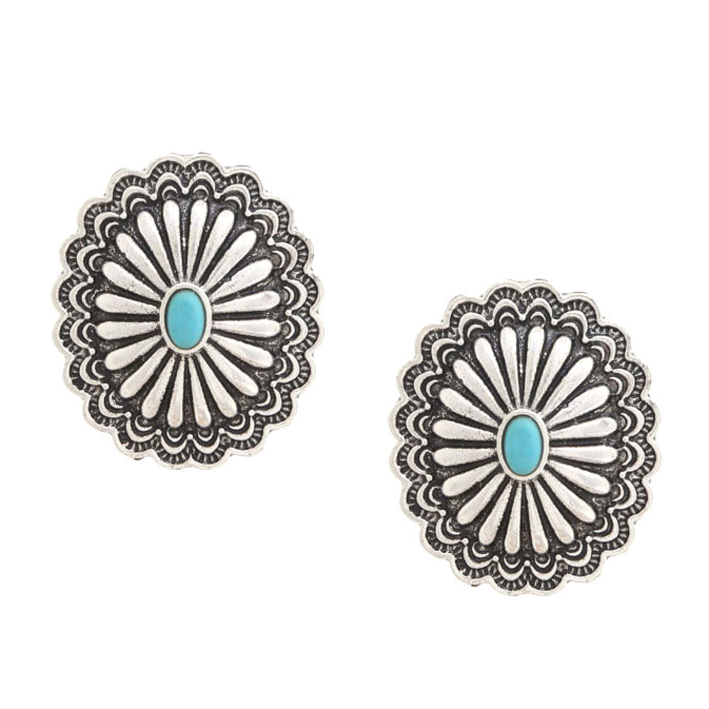 Hewitt Fashion Scalloped Oval Concho Post Earrings - Turquoise