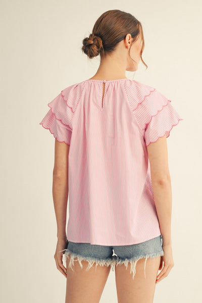 Misty Scallop Sleeve Striped Top
