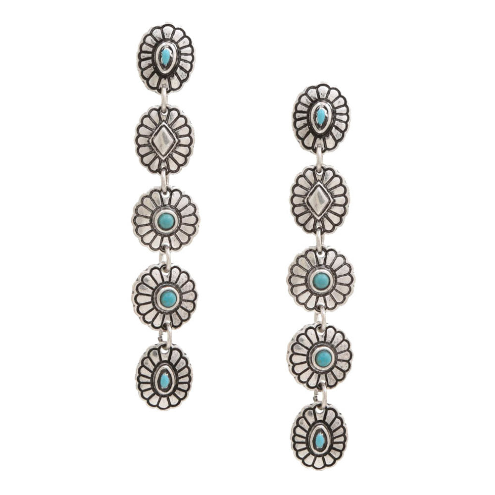 Silver and turquoise floral earrings on a white background