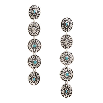 Silver and turquoise floral earrings on a white background