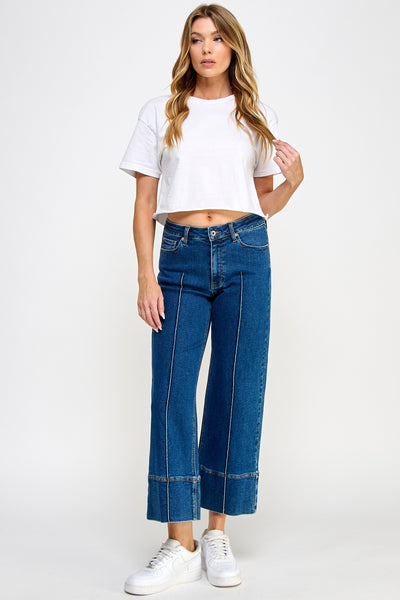 MID RISE STRETCH CROP WIDE LEG W/PINTUCK DETAIL
