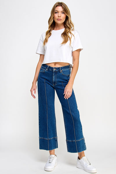 MID RISE STRETCH CROP WIDE LEG W/PINTUCK DETAIL