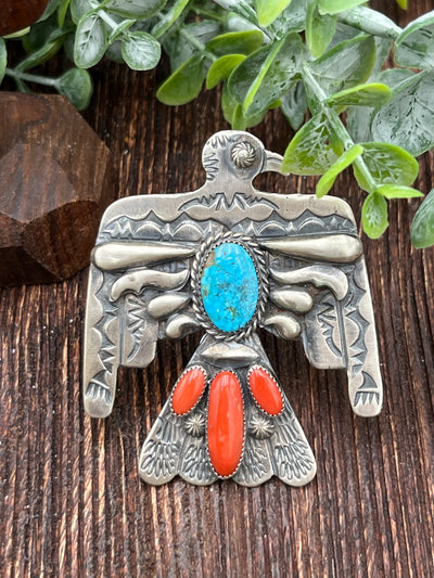 Dixon Turquoise & Coral Stamped Thunderbird Ring or Pendant