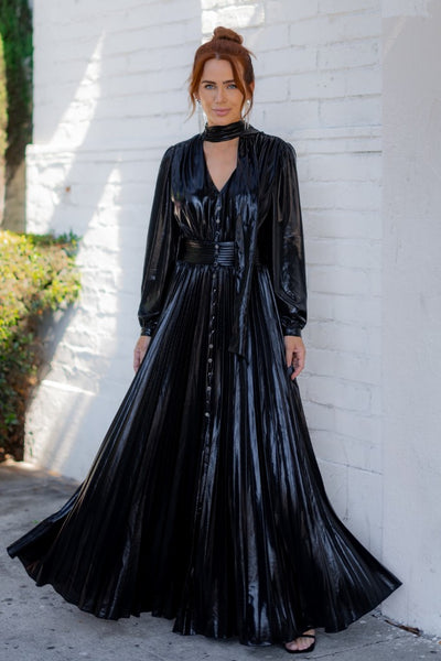 Black Metallic Long Sleeve Pleated Maxi Dress Black Metallic Long Sleeve Pleated Maxi Dress