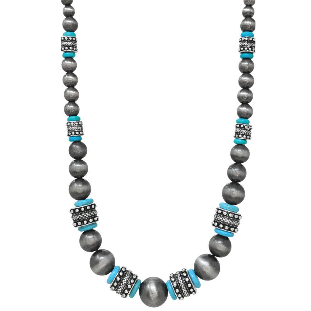 Karlsen Studded Bead Turquoise Saucer Fashion Silver Necklace - 28"