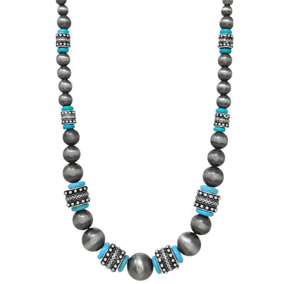 Karlsen Studded Bead Turquoise Saucer Fashion Silver Necklace - 28"