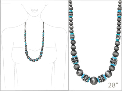 Karlsen Studded Bead Turquoise Saucer Fashion Silver Necklace - 28"