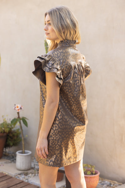 Ruffled Detail Faux Leather Leopard Print Shift Dress