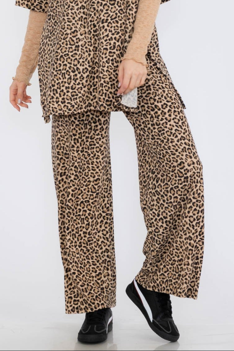 Person wearing leopard print pants and top on a white background