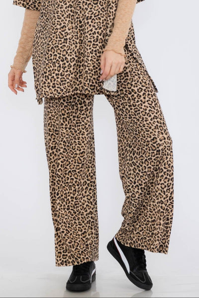 Person wearing leopard print pants and top on a white background