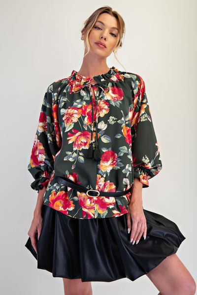 Hunter Green Floral Printed Blouse