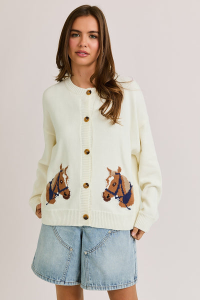 Jenny Horse Button Up Round Neck Cardigan
