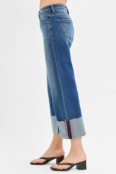 Tummy Control Mid Rise Crop Wide Cuffed Jeans