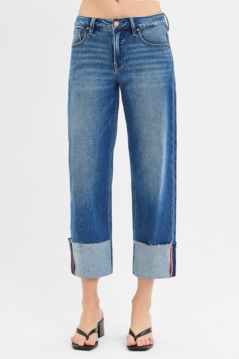 Tummy Control Mid Rise Crop Wide Cuffed Jeans